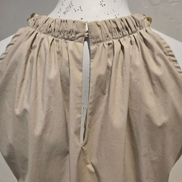 Michael Kors Khaki Gold Chain Halter Organic Stretch Cotton Midi Dress Tiered - Picture 5 of 10